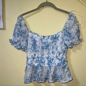 Blue Floral Peplum Puff Sleeve Ruffle Blouse - Francesca’s, Large, NWT